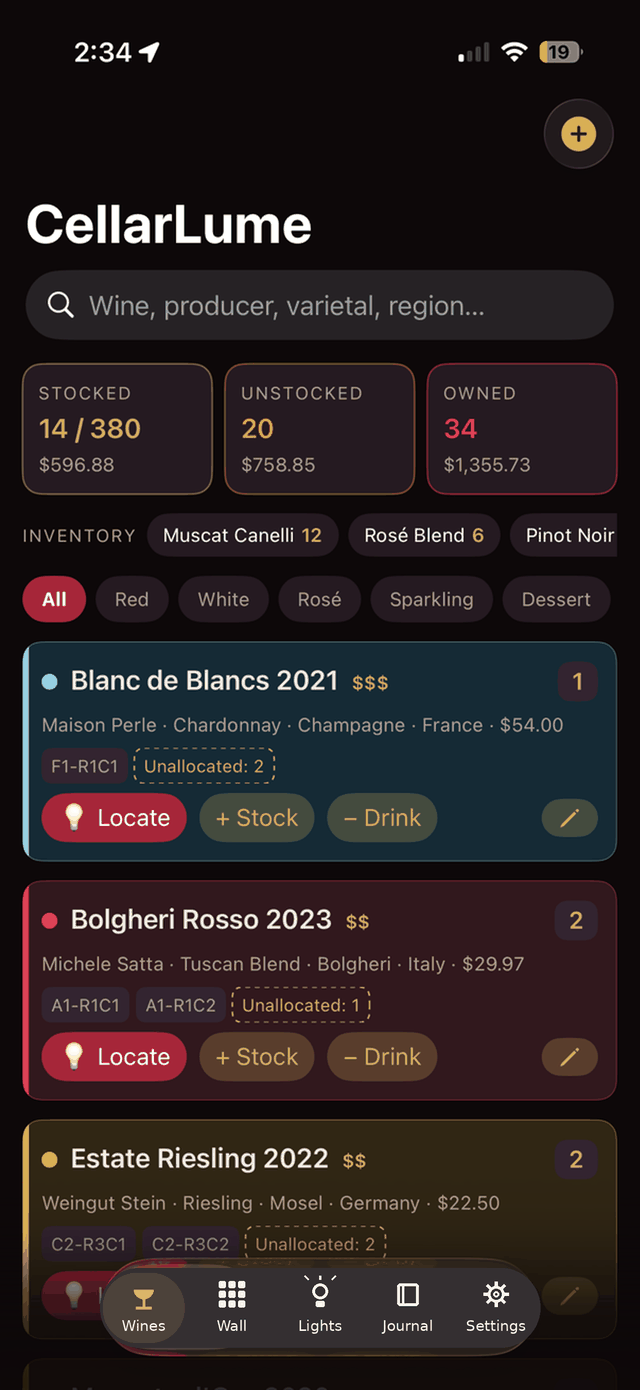 The Wines tab: searchable wine list with stat cards, filter chips, and per-bottle actions